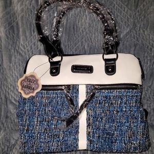 Coco and Carmen bag, blue twill with white and black, includes shoulder strap
